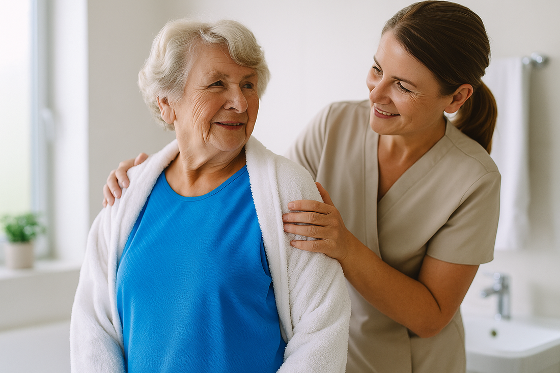 Carer helping older woman shower while she wears a Dignity Wash Garment to maintain privacy and comfort.
